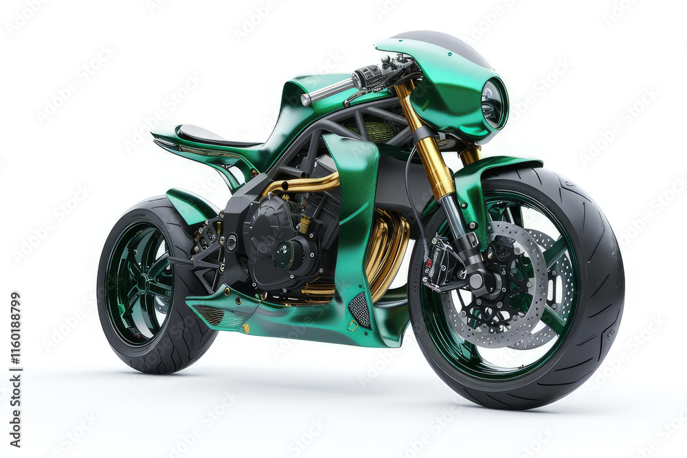 A sleek, modern motorcycle with a shiny green finish and advanced design features. isolated on white background A sleek, modern motorcycle with a shiny green finish and advanced design features. isolated on white background