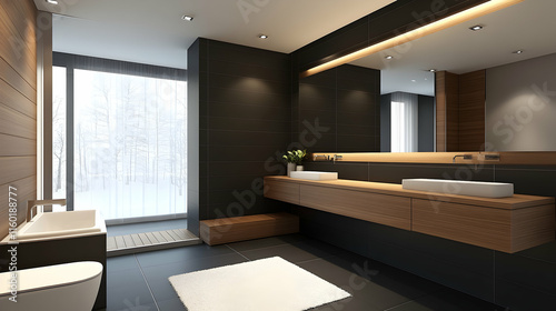 Modern minimalist bathroom design, wood & dark tiles, snowy forest view, interior design inspiration. photo