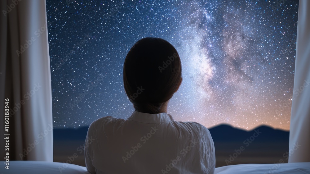 Fototapeta premium Astrotourism Journey Traveler Gazes at Stars from Glass Capsule Desert Night Serene Viewpoint