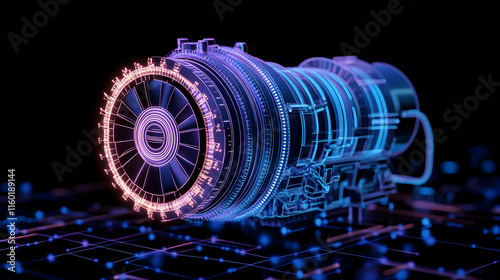 Neon Jet Engine Hologram, Digital Technology, Dark Background, Futuristic Design, Industrial Use.