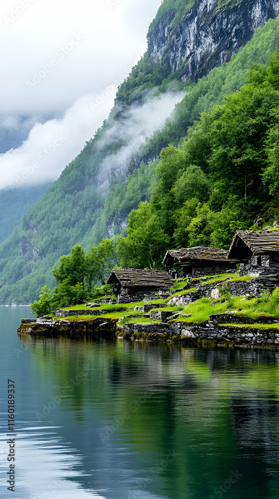 Fototapeta premium Norwegian Fjord Houses, Misty Mountains, Calm Water, Travel Poster.