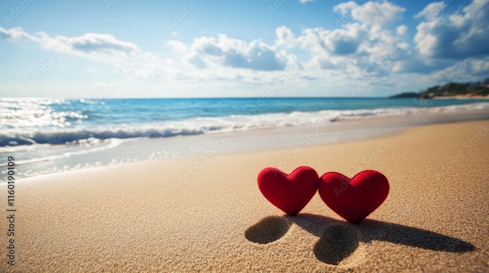 Romantic red hearts on sandy beach with ocean waves under blue sky Romantic red hearts on sandy beach with ocean waves under blue sky