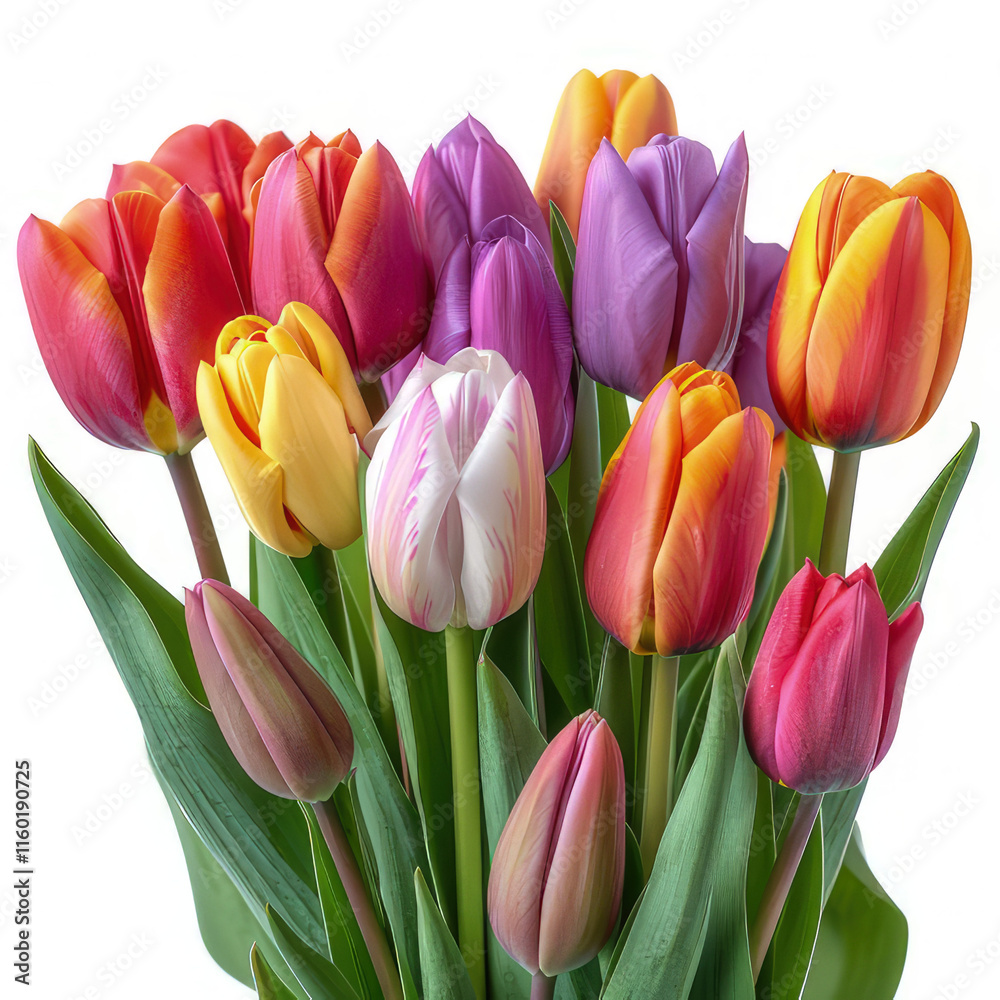 Fototapeta premium A vibrant bouquet of colorful tulips arranged beautifully. isolated on white background