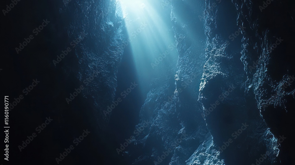 Obraz premium Sunbeam illuminating dark underwater cave.