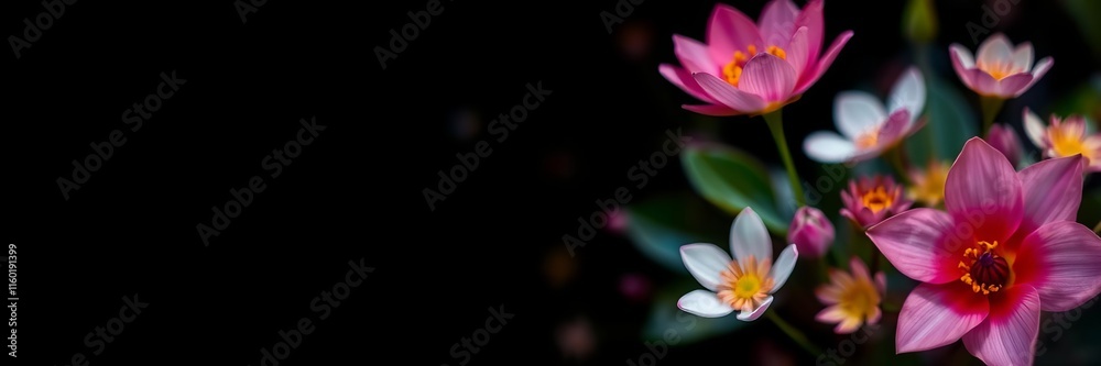 Fototapeta premium Vibrant multicolored floral pattern floating on dark water with selective focus, selective focus, serene