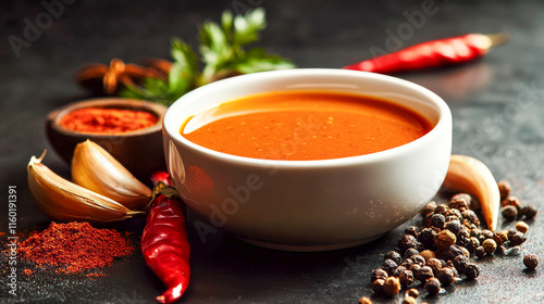 Spicy Chili Sauce Recipe: A bowl of fiery chili sauce, a staple for any spicy food lover. The sauce is surrounded by fresh ingredients like garlic, chili peppers, spices, and herbs. photo