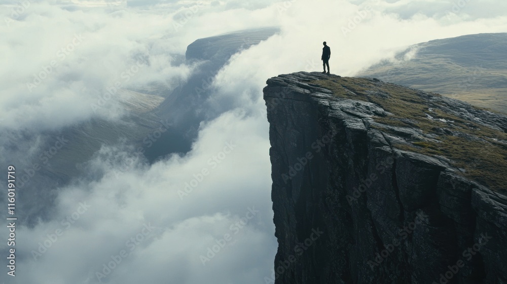 Fototapeta premium Solitary figure standing on a cliff edge overlooking a misty valley.