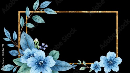 Watercolor blue leaves and flowers with gold square on dark background, vector illustration, flowers #1160192741