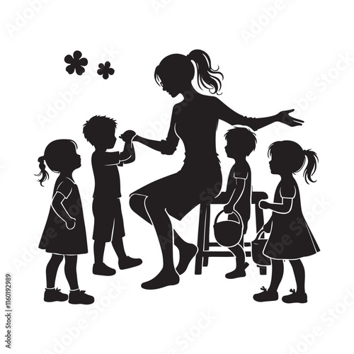  Kindergarten teacher with children silhouette vector art  black color design and solid white background 