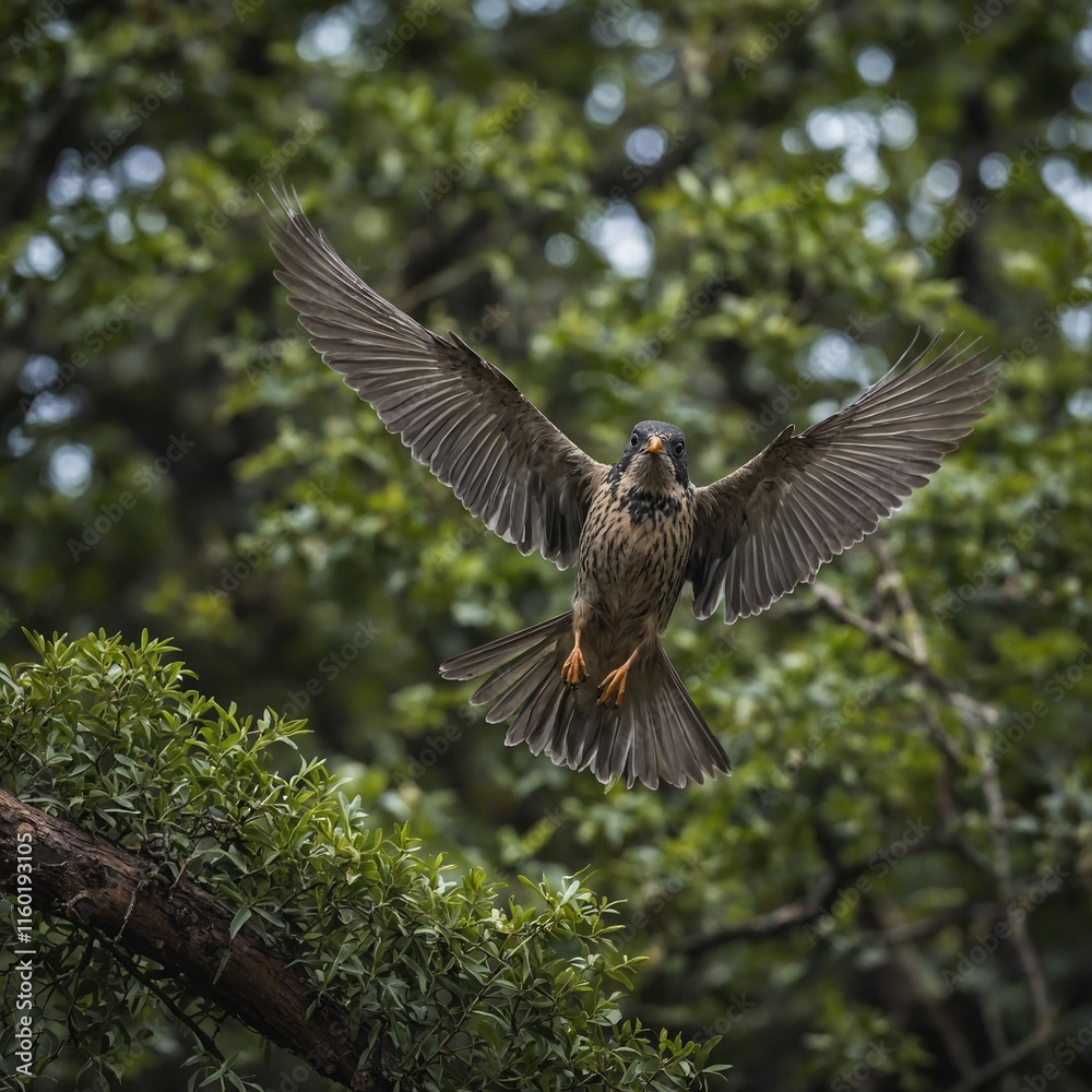 Fototapeta premium A bird landing on a branch mid-flight.