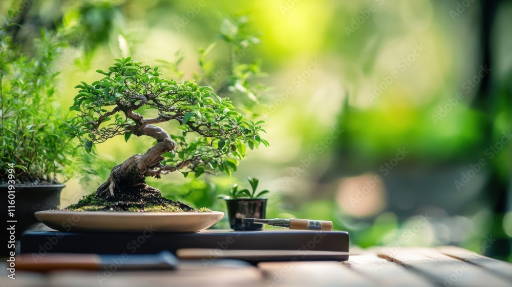 A serene bonsai garden with pruning tools and miniature trees, Japanese bonsai cultivation style, photo of A serene bonsai garden with pruning tools and miniature trees, Japanese bonsai cultivation style, photo of