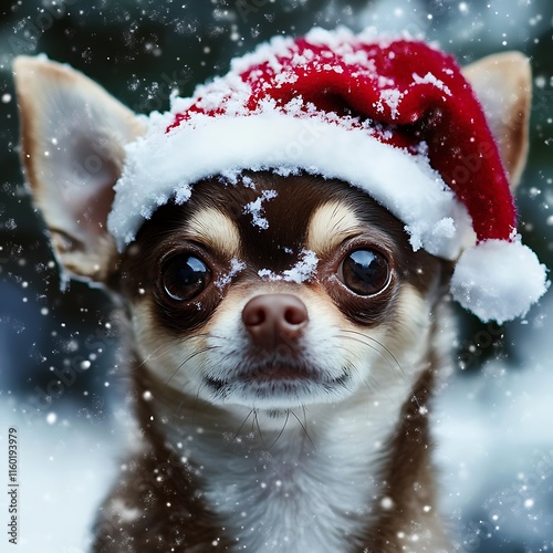 araffe dog wearing a santa hat in the snow photo