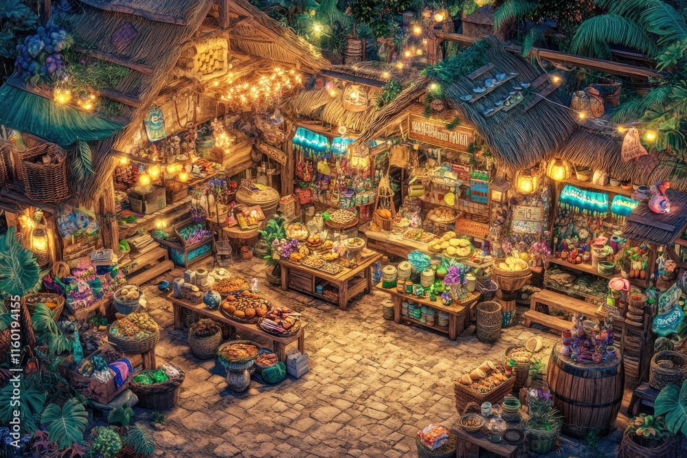 Fototapeta premium A vibrant market scene filled with colorful fruits, vegetables, and decorative lights.
