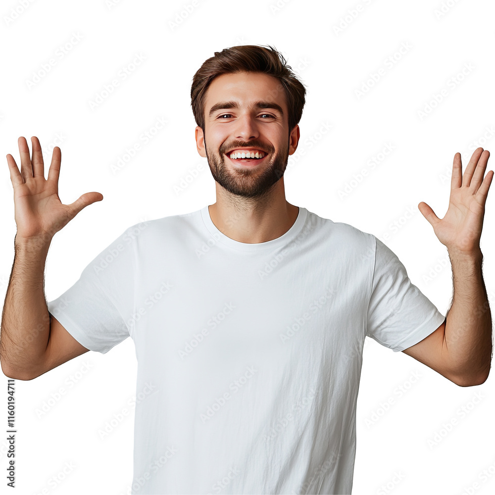 Happy Man in a White T-Shirt Gesturing with Open Arms Happy Man in a White T-Shirt Gesturing with Open Arms