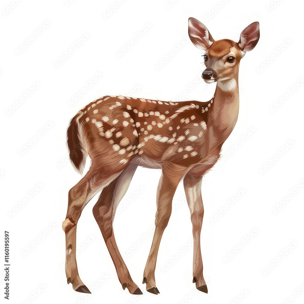 A young deer with a spotted coat standing gracefully. isolated on white background A young deer with a spotted coat standing gracefully. isolated on white background