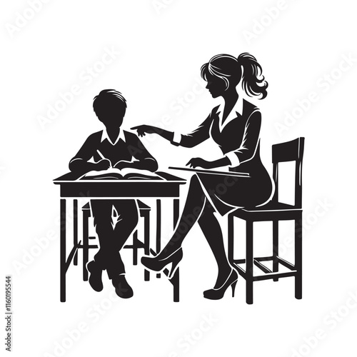 Tutor at a desk with a student silhouette vector art  black color design and solid white background 