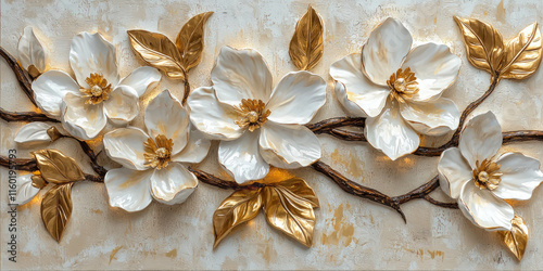 Abstract painting of white flowers on a beige background, with gold and silver details, an oil paint texture, generative AI