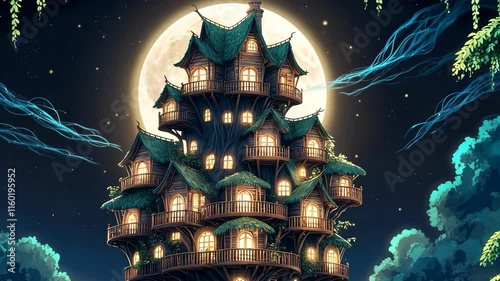 Video footage of whimsical, multi story treehouse with glowing windows under a full moon, surrounded by a mystical forest with luminescent elements and hanging vines photo