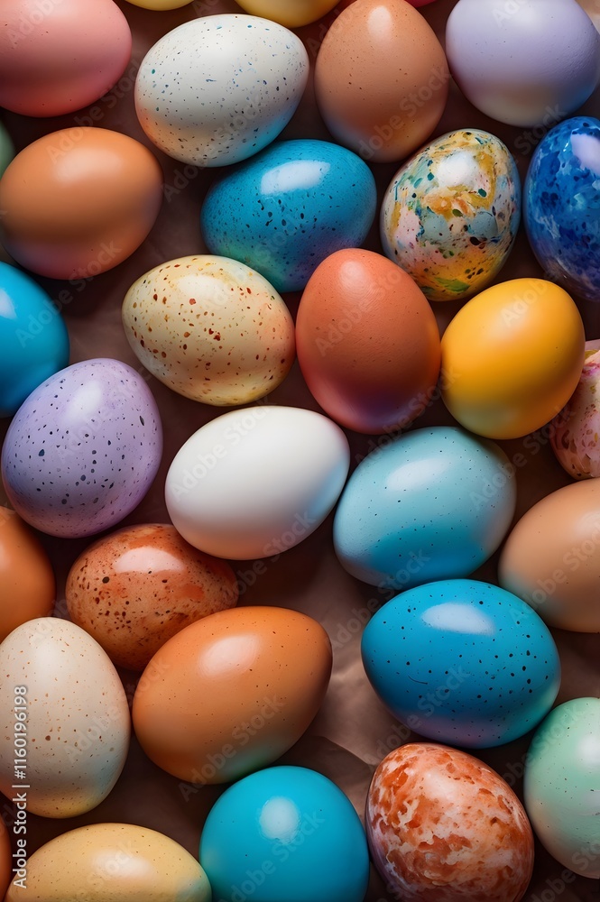 Vibrant painted colourful Easter eggs on pastel backdrop. holiday decoration celebration multicolour egg creative springtime, top view Vibrant painted colourful Easter eggs on pastel backdrop. holiday decoration celebration multicolour egg creative springtime, top view