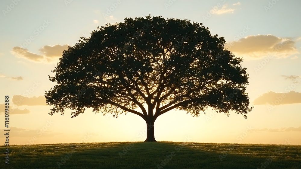 Obraz premium Silhouetted Tree Stands Alone At Sunset Over Field