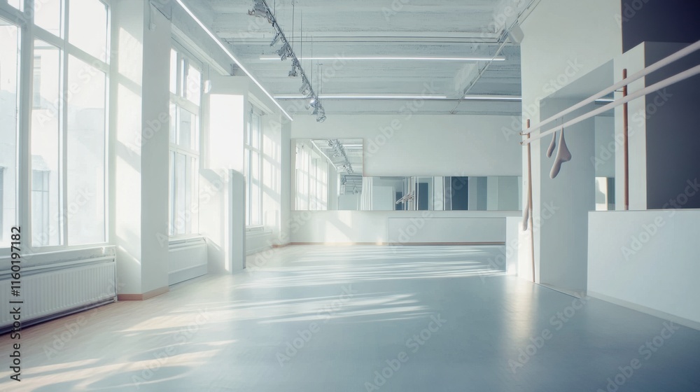 A serene dance studio with ballet barres and dance mirrors, Dance shoes and attire neatly stored in a studio corner, Contemporary dance studio style