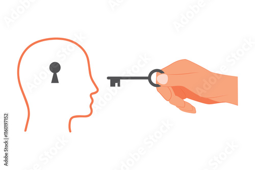 Abstract metaphor of psychotherapy and psychology. Human head with a keyhole and key. Concept of solving difficult situation. Open mind. Health care. 
