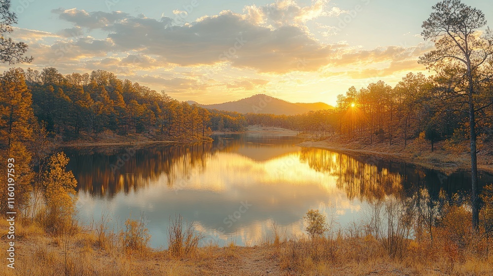 A serene sunset over a tranquil lake surrounded by pine forests and mountains. A serene sunset over a tranquil lake surrounded by pine forests and mountains.