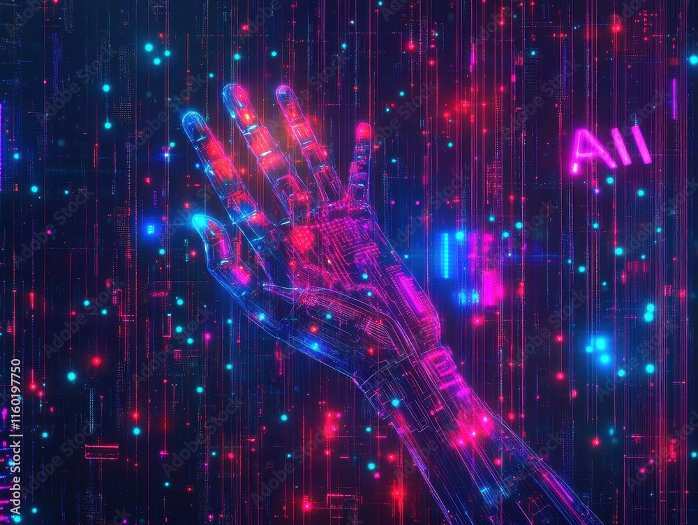 Obraz premium AI Robotic Hand Interacting With Digital Data Stream