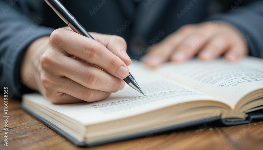 Close-up of a hand writing in a book with a pen on a wooden table surface Close-up of a hand writing in a book with a pen on a wooden table surface