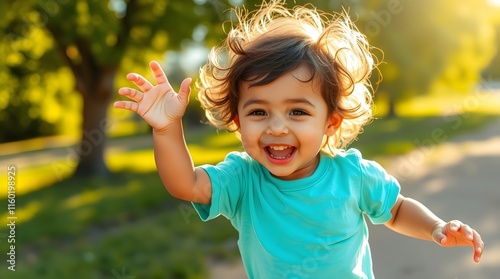 Cheerful happy toddler kid enjoys a sunny day outdoors, smiling brightly & playing in park green scenery & natural light, innocent joy of childhood