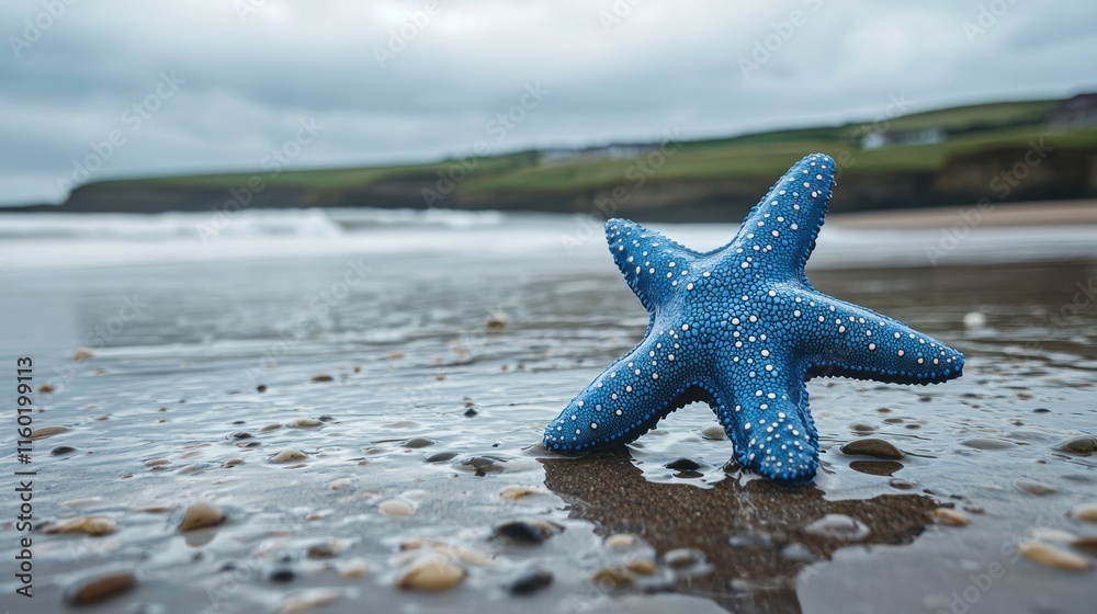 Blue starfish on a wet beach with ocean waves and cloudy sky in the background. Blue starfish on a wet beach with ocean waves and cloudy sky in the background.