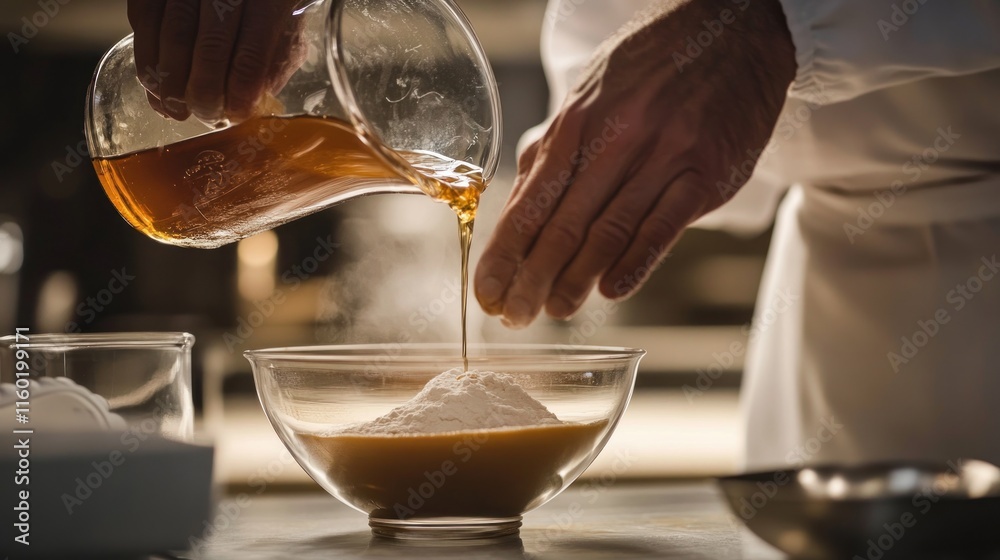 Chef pouring liquid ingredient into flour in a glass bowl. Chef pouring liquid ingredient into flour in a glass bowl.