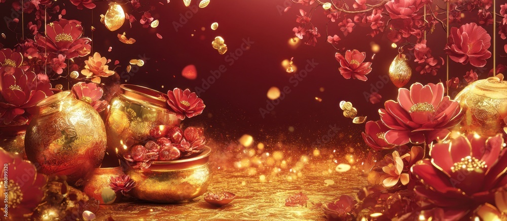 Golden bowls and red flowers falling on a gold surface. Golden bowls and red flowers falling on a gold surface.