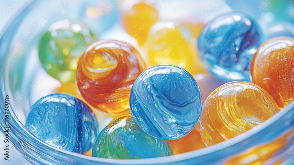 Colorful glass marbles in a clear bowl. Colorful glass marbles in a clear bowl.