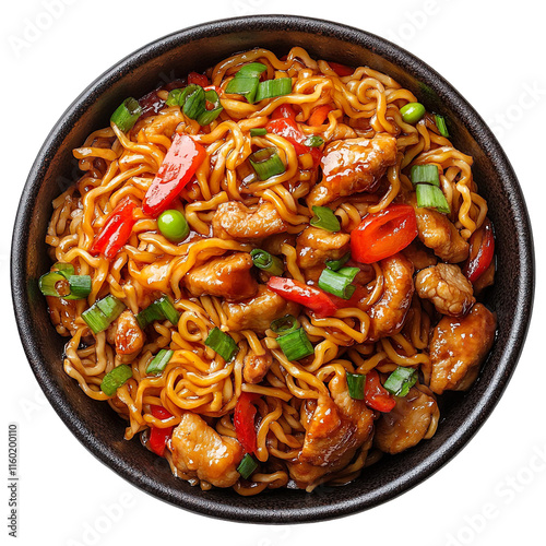 Extreme top view of an extremely perfect looking Lo Mein Noodles in a dark clay bowl isolated on a white transparent background