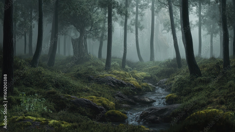 Naklejka premium Misty forest stream flows through mossy rocks and tall trees.