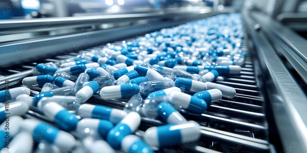 Obraz premium Pharmaceutical Production Line for Blue Capsules