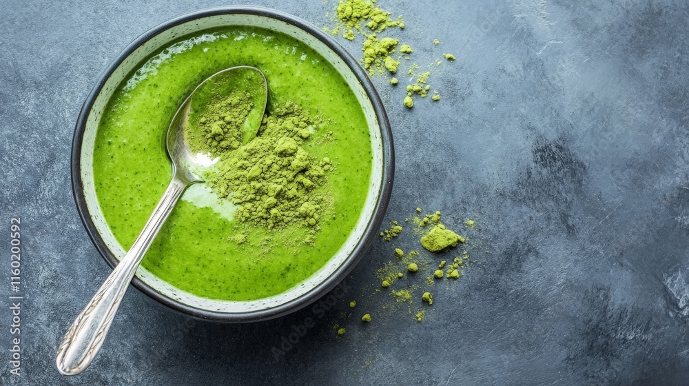 Vibrant green matcha smoothie bowl with spoon on textured surface Vibrant green matcha smoothie bowl with spoon on textured surface