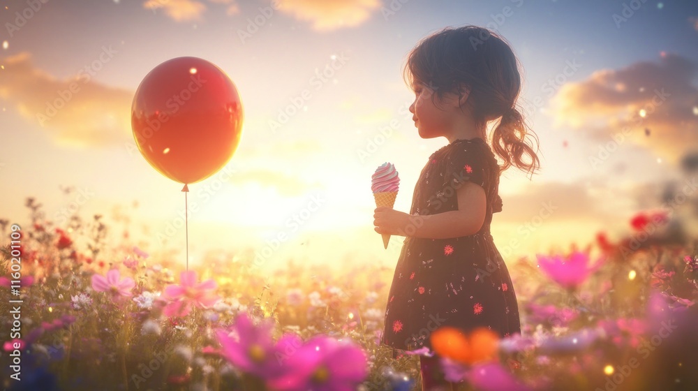 Little girl holding ice cream cone in a field at sunset with a red balloon. Little girl holding ice cream cone in a field at sunset with a red balloon.