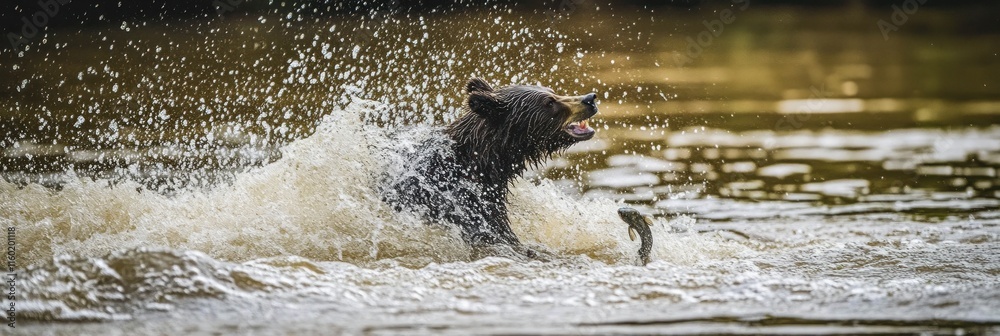 Obraz premium Brown bear catching fish in river, splashing water.