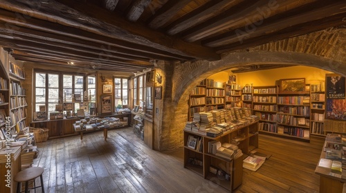 Cozy bookstore interior with wooden beams  arched alcoves  bookshelves  and warm lighting.
