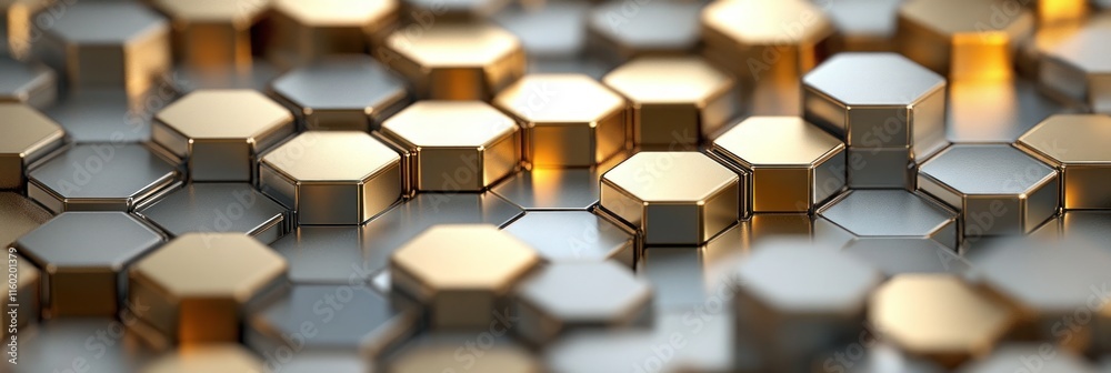 Abstract 3D rendering of gold and silver hexagonal geometric shapes. Abstract 3D rendering of gold and silver hexagonal geometric shapes.