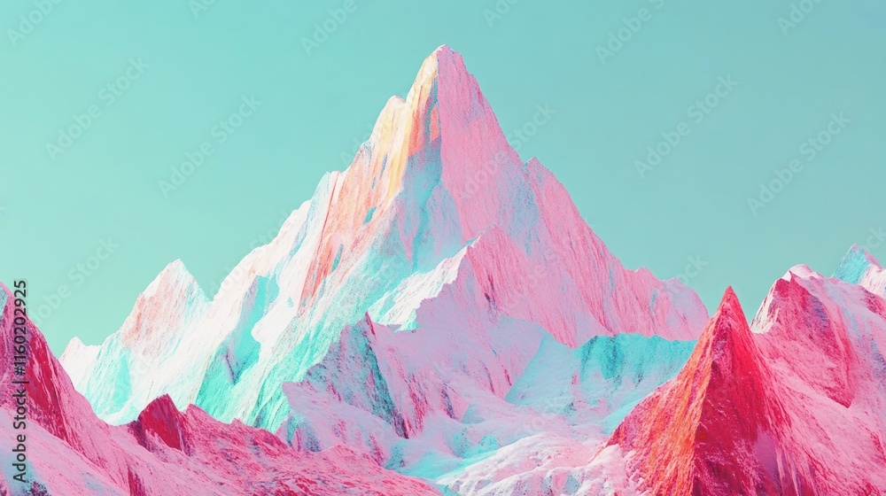 Vibrant pink and teal mountain peak at sunrise. Vibrant pink and teal mountain peak at sunrise.