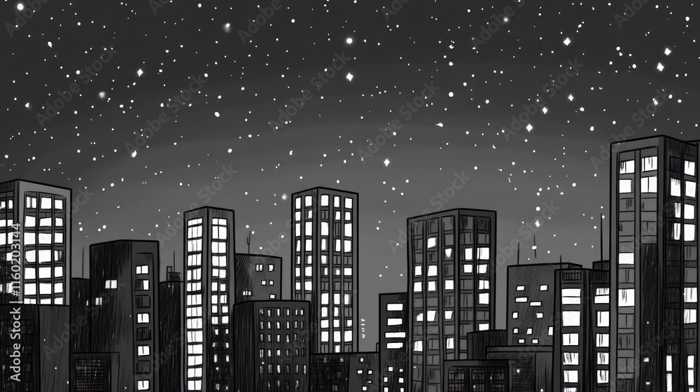 Fototapeta premium Monochrome cityscape at night under a starry sky.