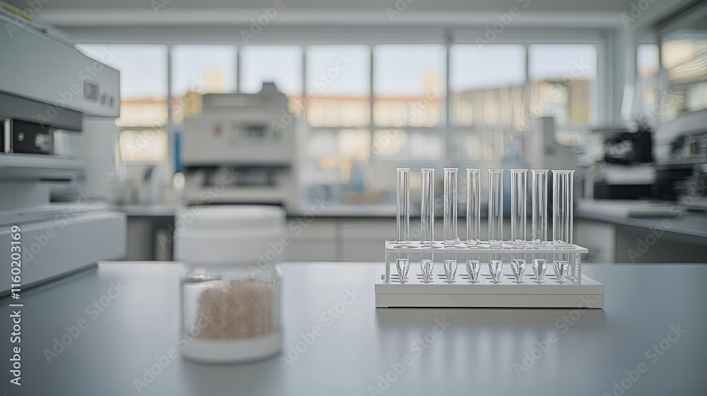 Lab test tubes, pills, and equipment on a table in a modern laboratory. Lab test tubes, pills, and equipment on a table in a modern laboratory.