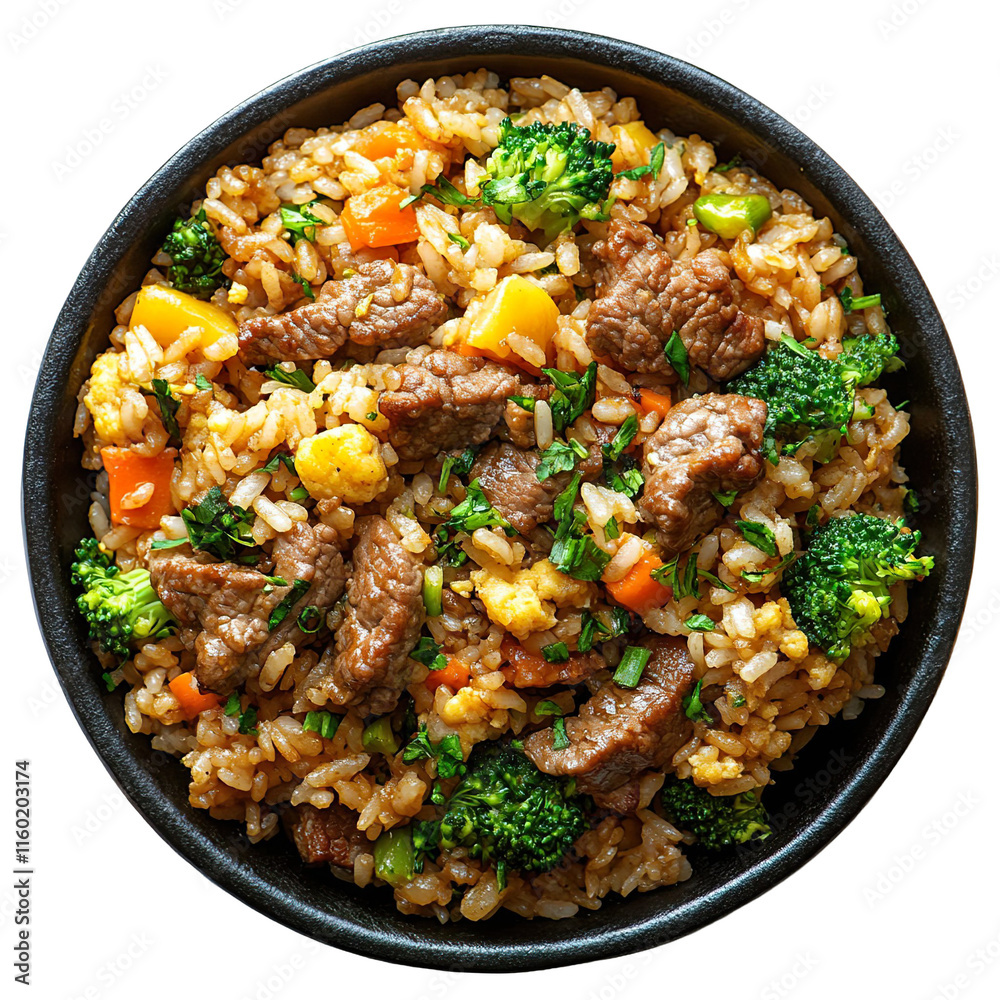 Extreme top view of an extremely perfect looking Beef and Broccoli Fried Rice in a dark cast iron plate isolated on a white transparent background Extreme top view of an extremely perfect looking Beef and Broccoli Fried Rice in a dark cast iron plate isolated on a white transparent background