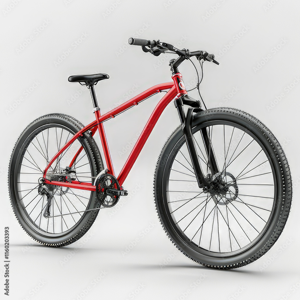 Fototapeta premium A red mountain bike with black accents, designed for off-road cycling and outdoor leisure. isolated on white background