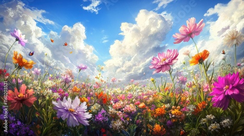 Vibrant cosmos flowers bloom in a sunny field under a beautiful blue sky with fluffy clouds and butterflies.