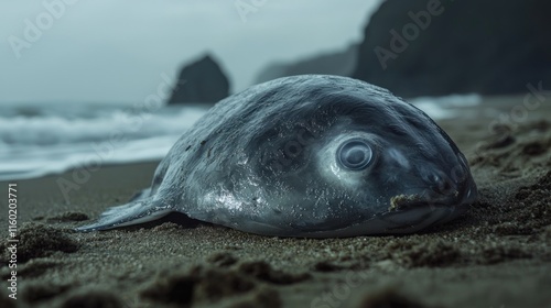 Dead ocean sunfish on sandy beach near rocks.