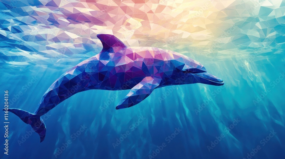 Fototapeta premium Low-poly dolphin swimming underwater in vibrant ocean.